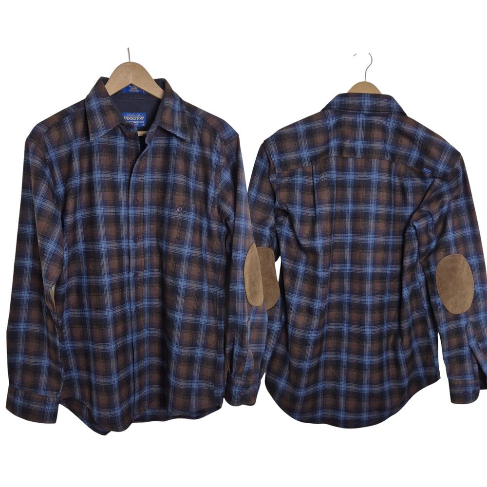Pendleton Blue Brown Plaid Elbow Patch Trail Shirt Wool Men's Medium NEW NWOT
